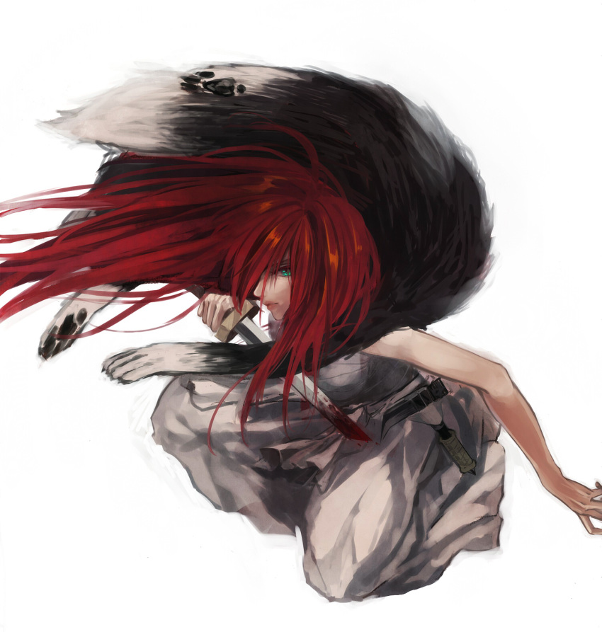 1girl, bandages, blood, bloody_weapon, breasts, fur, green_eyes, highres