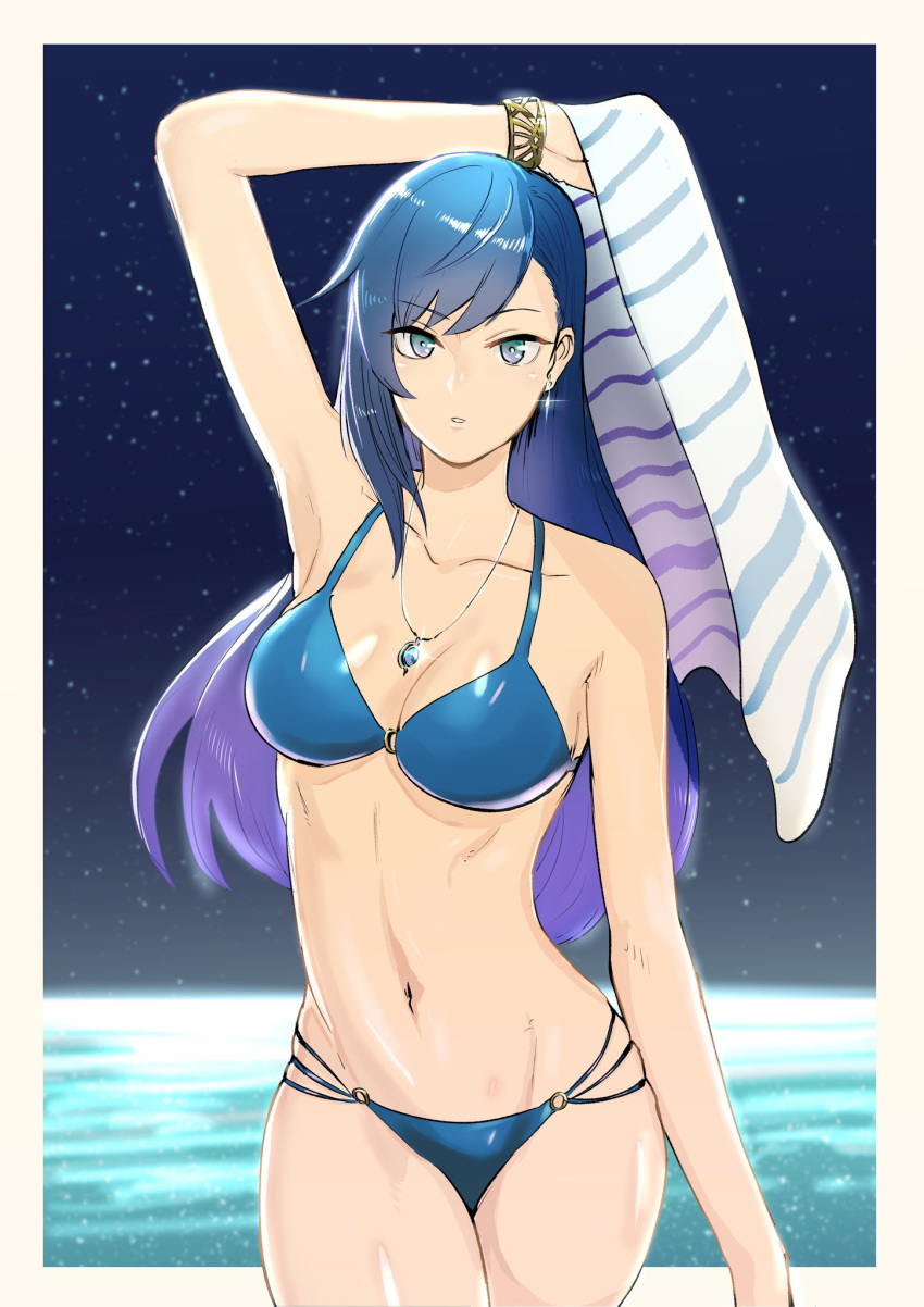 1girl, bikini, blue_bikini, blue_eyes, blue_hair, breasts, commentary_request, feet