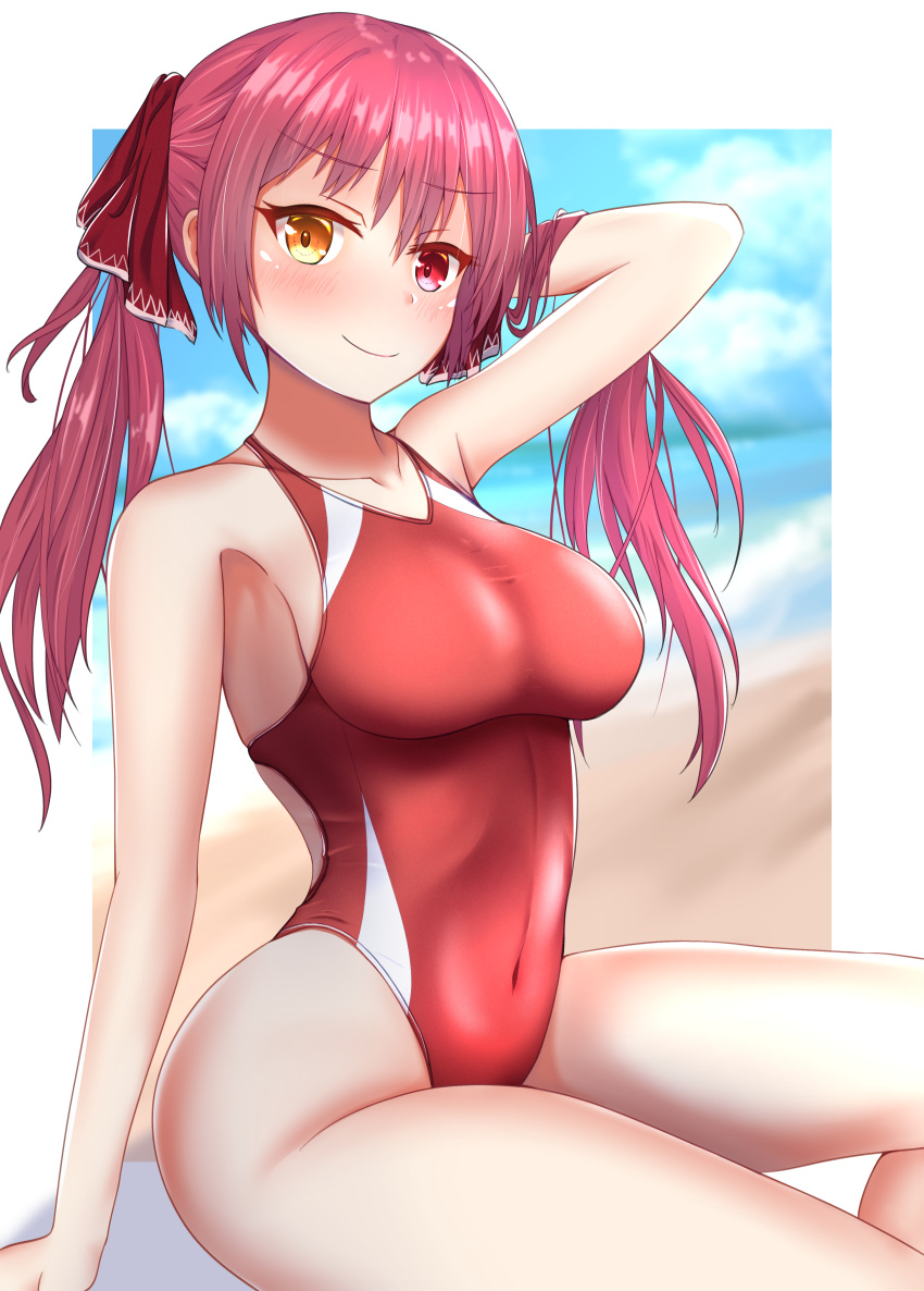 1girl, absurdres, beach, blurry, breasts, commentary_request, competition_swimsuit, depth_of_field, eyebrows_visible_through_hair, heterochromia, hibika, highleg, highleg_swimsuit, highres, hololive, houshou_marine, large_breasts, long_hair, looking_at_viewer, one-piece_swimsuit, red_eyes, red_swimsuit, redhead, sitting, solo, swimsuit, twintails, virtual_youtuber, yellow_eyes