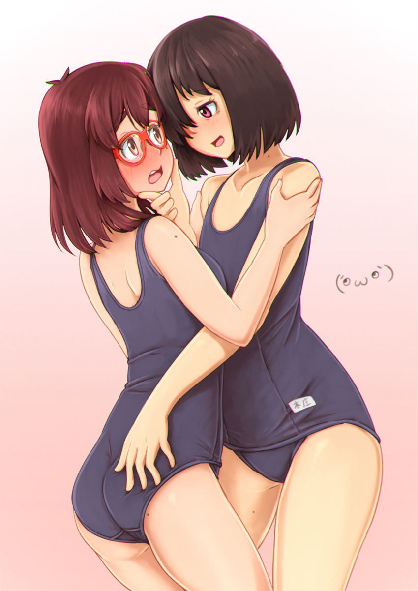 2girls, ass, bob_cut, brown_hair, glasses, highres, hug, kama_iruka