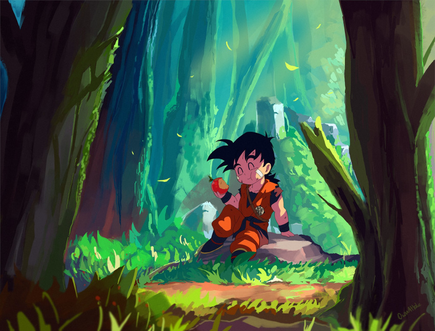 1boy, ^_^, arm_support, child, closed_eyes, dougi, dragon_ball, dragon_ball_z