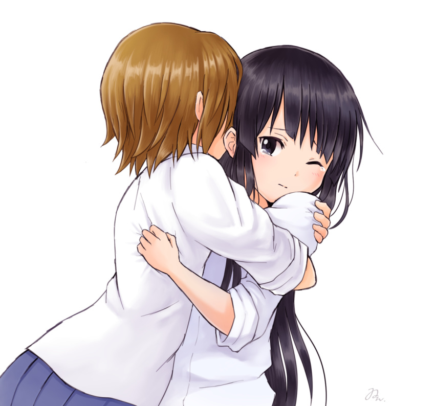 2girls, akiyama_mio, black_hair, blush, brown_hair, een941, hug, k-on!