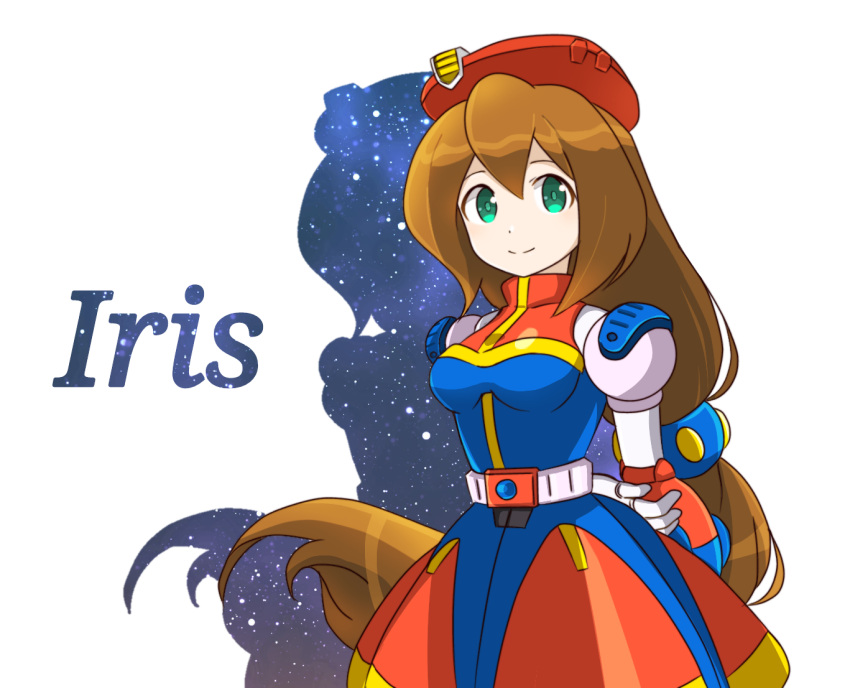 1girl, 398sky, android, arms_behind_back, beret, blush, breasts, brown_hair, character_name, commentary, green_eyes, hair_between_eyes, hat, iris_(mega_man), iris_(rockman_x), long_hair, looking_at_viewer, low-tied_long_hair, medium_breasts, mega_man_(series), mega_man_x_(series), rockman, rockman_x, shadow, simple_background, smile, solo