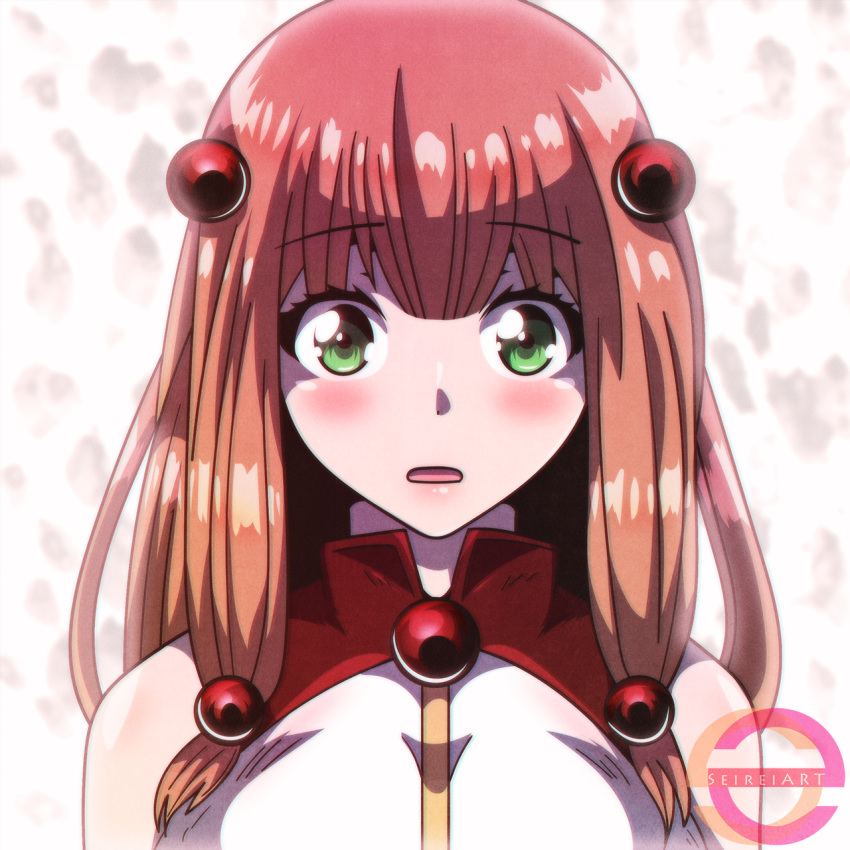 1girl, artist_logo, bangs, beads, blush, brown_hair, commentary, english_commentary