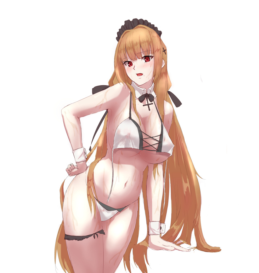 1girl, absurdres, azur_lane, bikini, black_bikini, black_headband, breasts, commentary_request, cross-laced_bikini_top, cross_hair_ornament, detached_collar, frilled_hairband, frills, hair_ornament, hairband, headband, highres, large_breasts, leg_garter, lom_(lom_lom_8), long_hair, mole, mole_under_mouth, multi-strapped_bikini, orange_hair, red_eyes, see-through, solo, swiftsure_(azur_lane), swiftsure_(midsummer_special_service)_(azur_lane), swimsuit, two-tone_bikini, untied, untied_bikini, very_long_hair, wet, white_bikini, wrist_cuffs