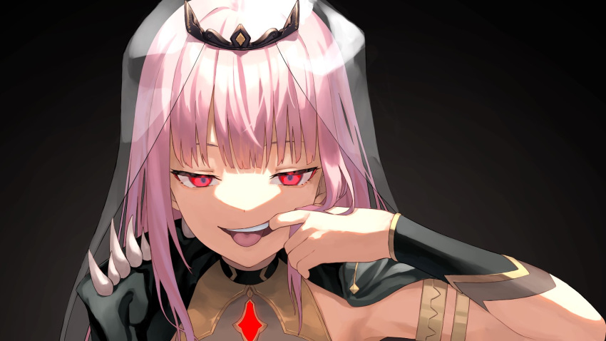 1girl, black_background, black_cape, cape, crown, ears, eyebrows_visible_through_hair, highres, hololive, hololive_english, long_hair, looking_at_viewer, mori_calliope, mouth_pull, nem_rui, pink_hair, red_eyes, shoulder_spikes, solo, spikes, teeth, tongue, tongue_out, upper_body, veil