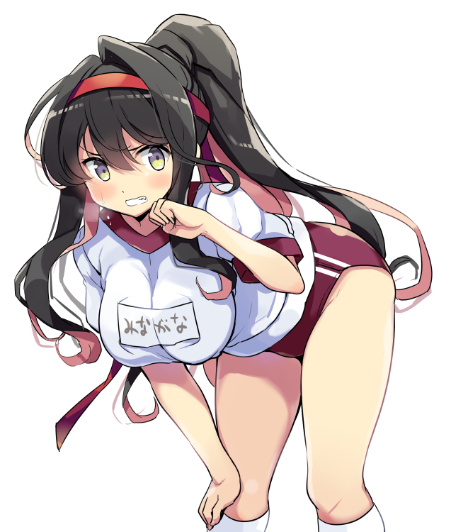 1girl, bangs, black_hair, blush, breasts, breath, buruma, character_name