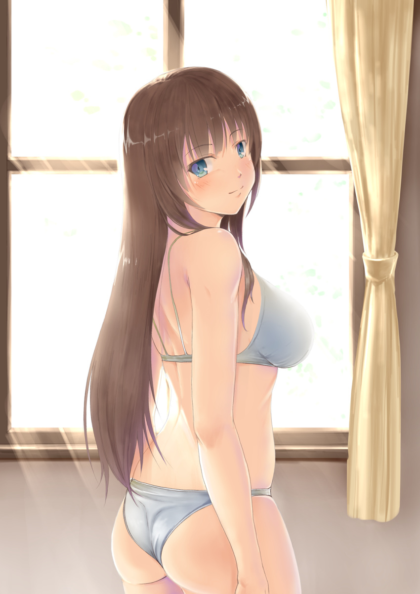 1girl, ass, back, backlighting, bangs, bloom, blue_eyes, bra