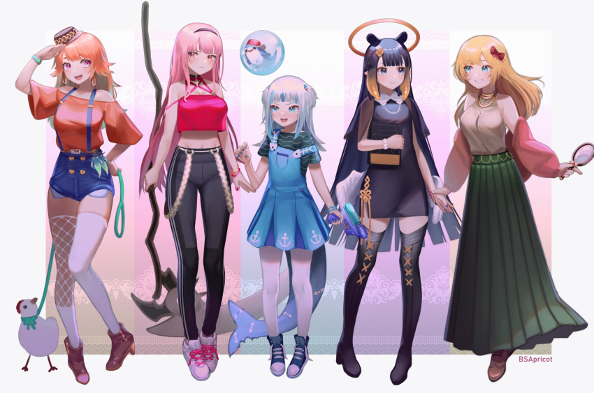 5girls, :d, alternate_costume, alternate_hairstyle, anchor_print, artist_name, bandaid_on_tail, bangs