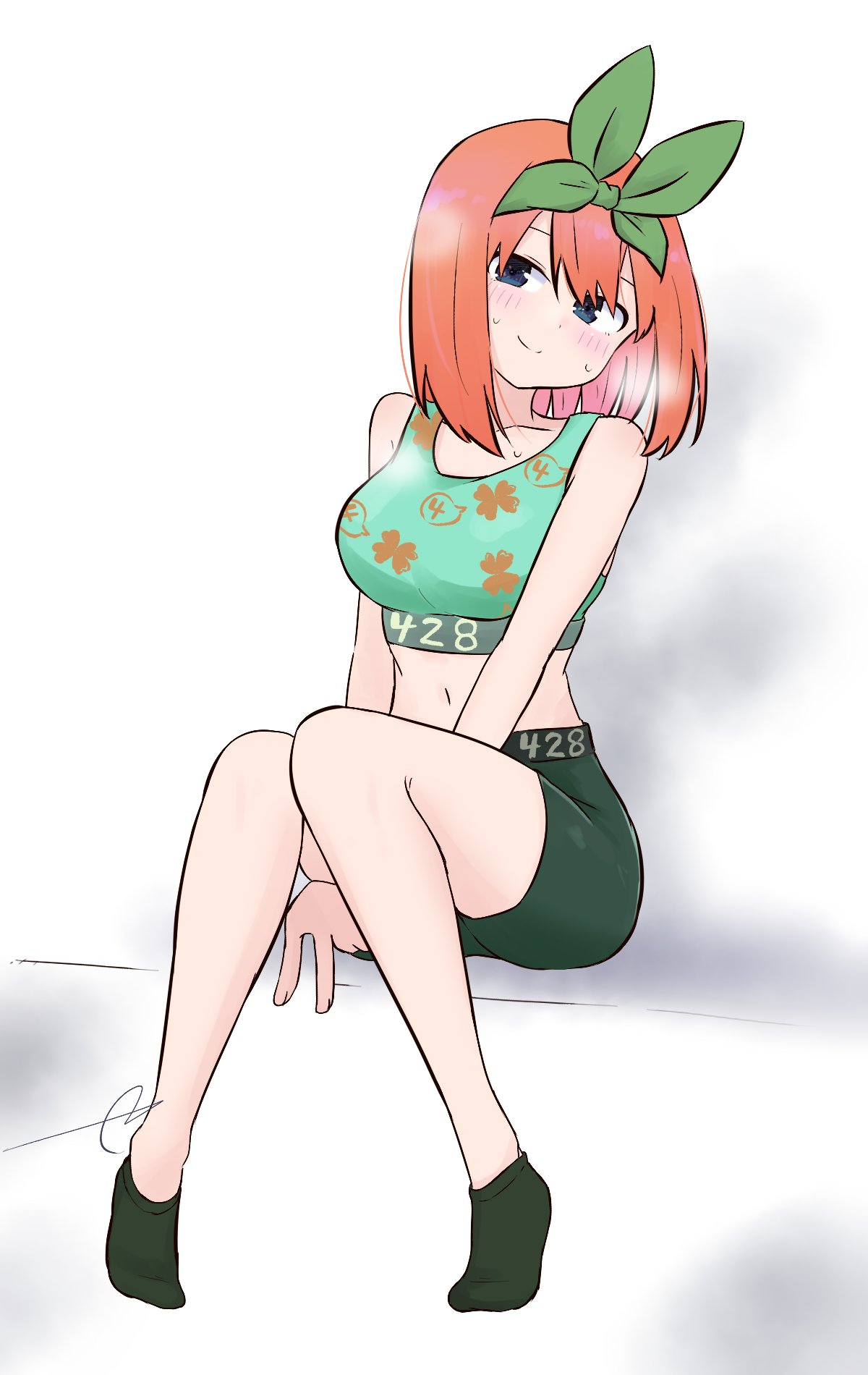 1girl, ankle_socks, bangs, bare_arms, bare_shoulders, between_legs, blue_eyes, blush