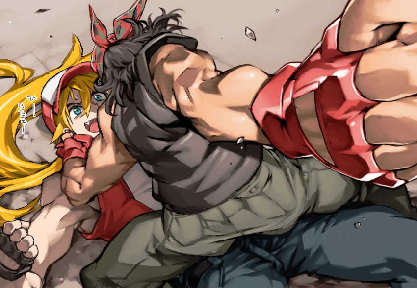 2boys, bandana, baseball_cap, black_hair, blue_eyes, boy_on_top, cargo_pants, clenched_hand
