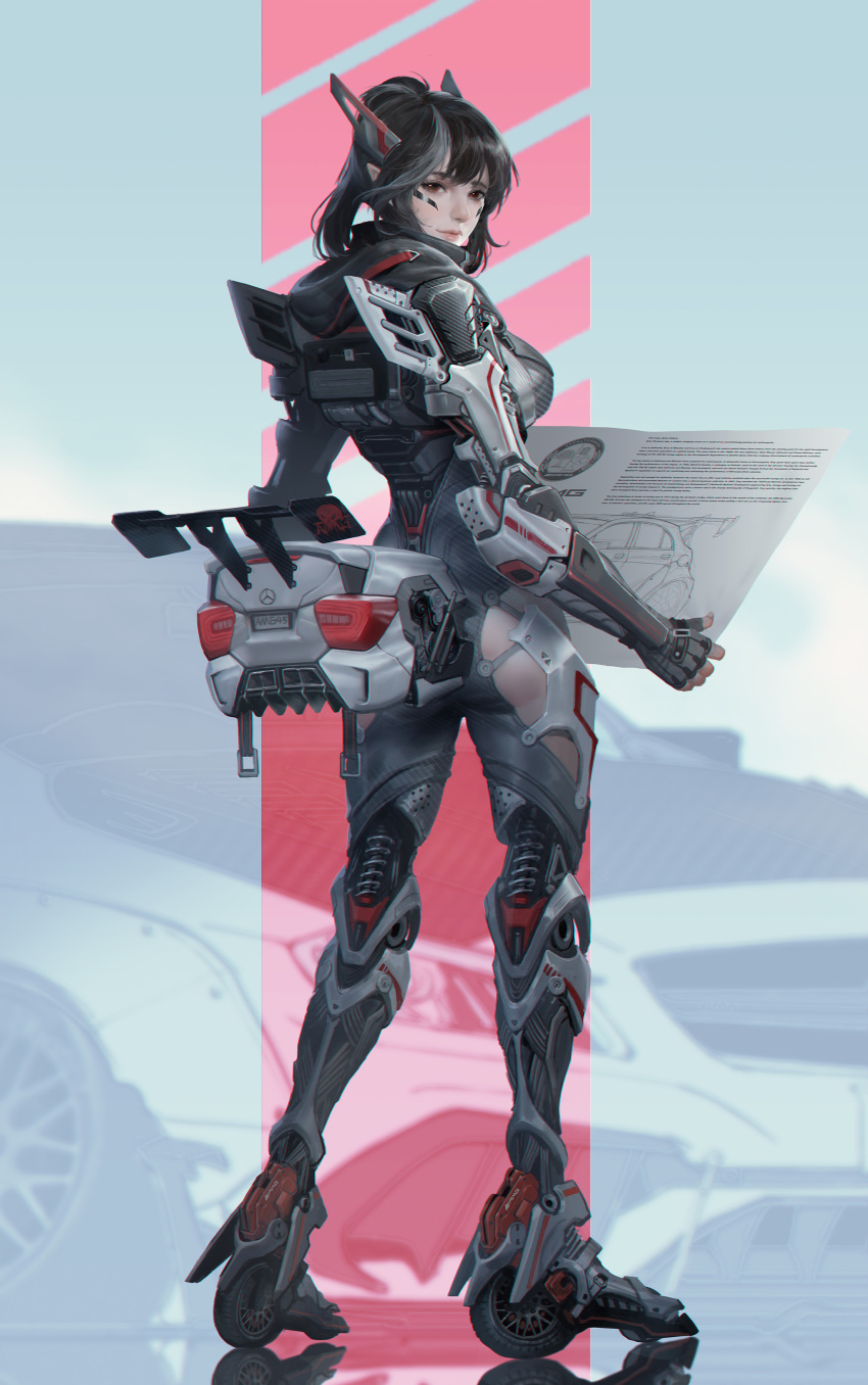 1girl, absurdres, armor, ass, ass_cutout, bangs, black_hair, bodysuit
