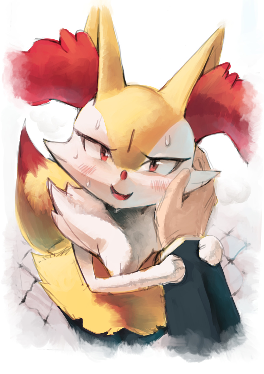 :d, ambiguous_gender, animal_ear_fluff, animal_ears, arm_grab, blush, border, braixen