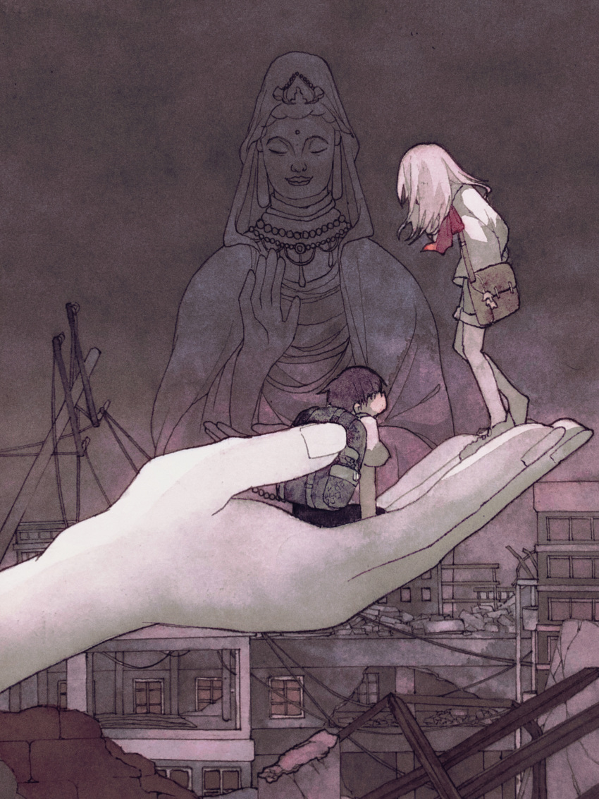 1boy, 1girl, absurdres, arms_behind_back, backpack, bag, black_shorts, bodhisattva