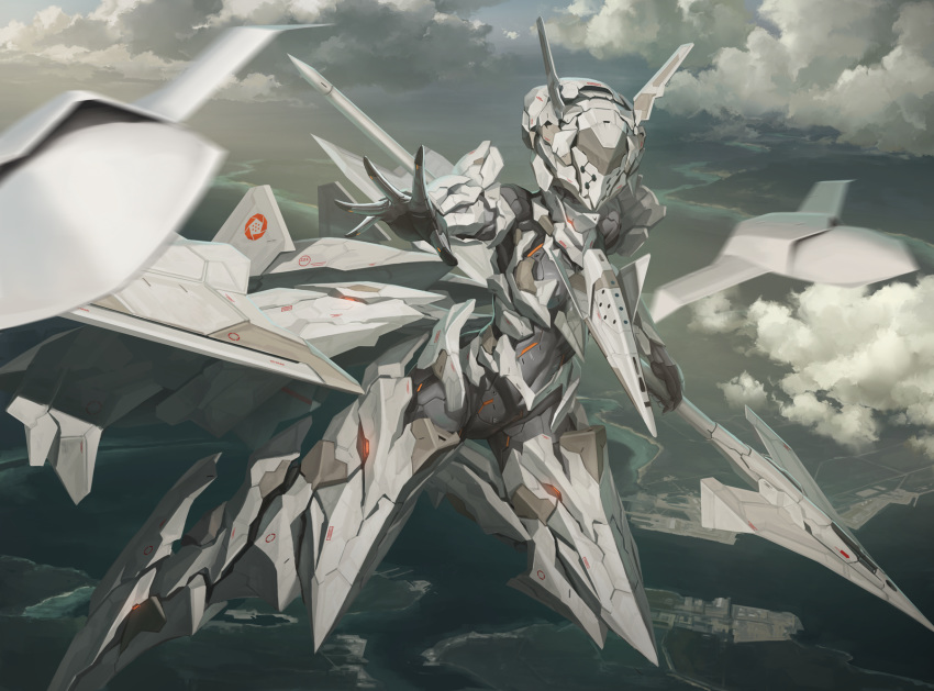 1girl, ace_combat_7, adf-11f_raven, aircraft, airplane, armor, bodysuit, clouds