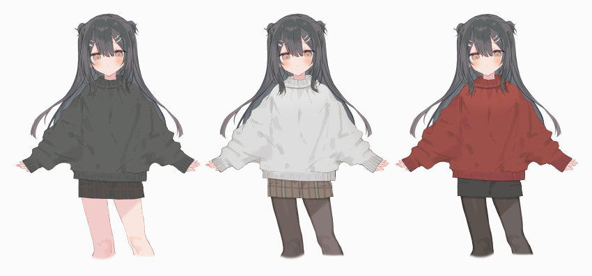1girl, absurdres, bangs, black_hair, black_legwear, black_skirt, black_sweater, blush
