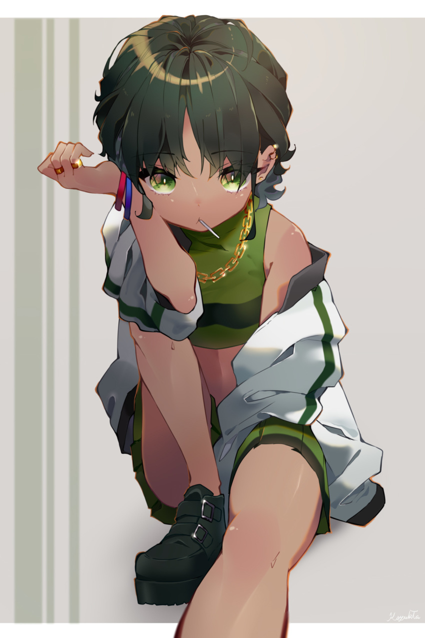 1girl, bangs, bare_shoulders, between_legs, black_hair, bracelet, breasts, buttercup_(ppg)