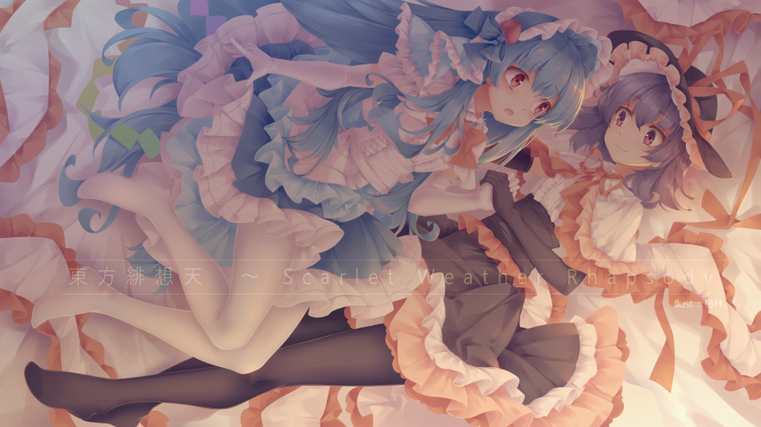 2girls, alternate_costume, alternate_headwear, artist_name, black_gloves, black_headwear, black_skirt, blue_hair