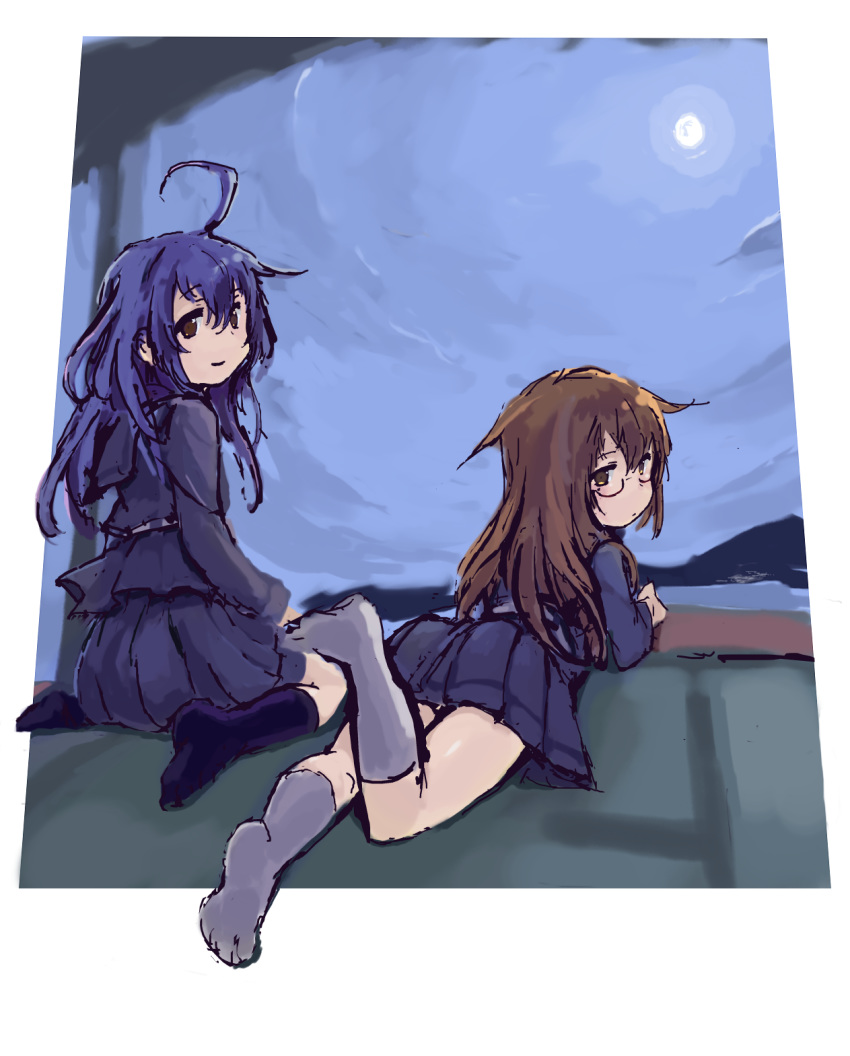 2girls, black_hair, black_legwear, black_serafuku, brown_hair, closed_mouth, full_moon, glasses