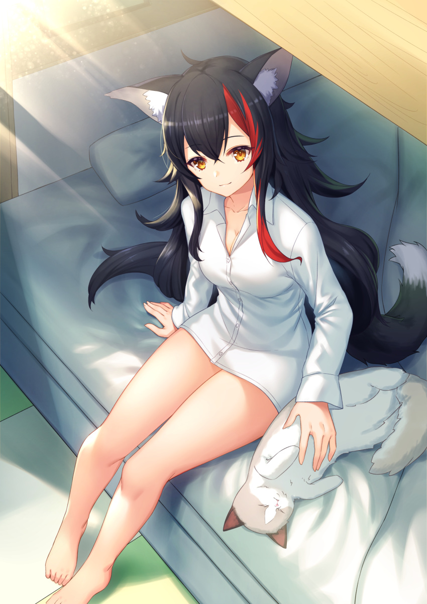 1girl, animal_ear_fluff, animal_ears, black_hair, blush, breasts, eliot_c_f, eyebrows_visible_through_hair