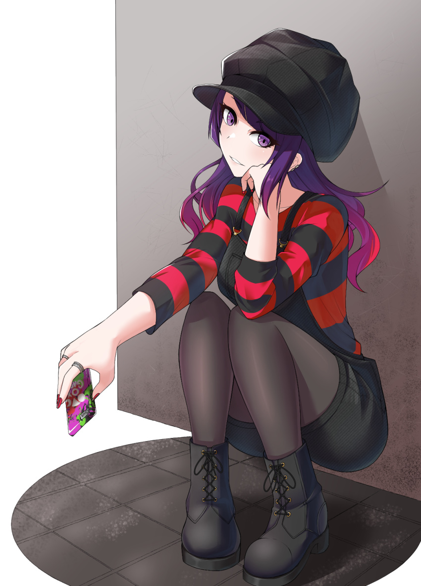 1girl, against_wall, bangs, black_footwear, black_headwear, black_legwear, black_overalls, black_shorts