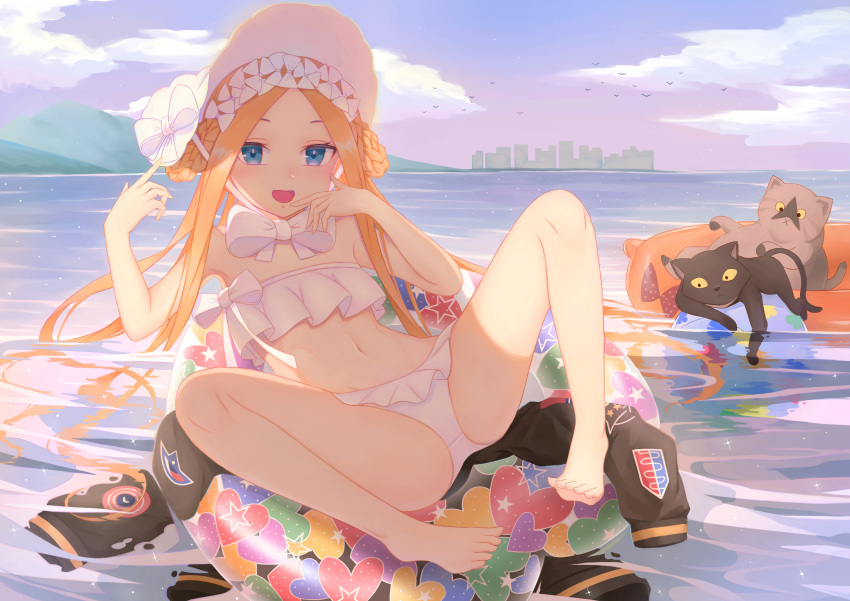 1girl, abigail_williams_(fate/grand_order), abigail_williams_(swimsuit_foreigner)_(fate), absurdres, bangs, bare_shoulders, bikini, black_cat