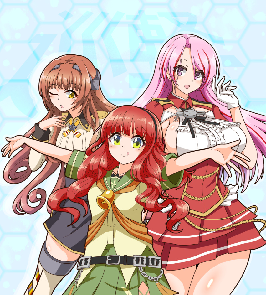 3girls, armpit_cutout, bangs, beige_shirt, bell, belt, black_skirt, blue_background