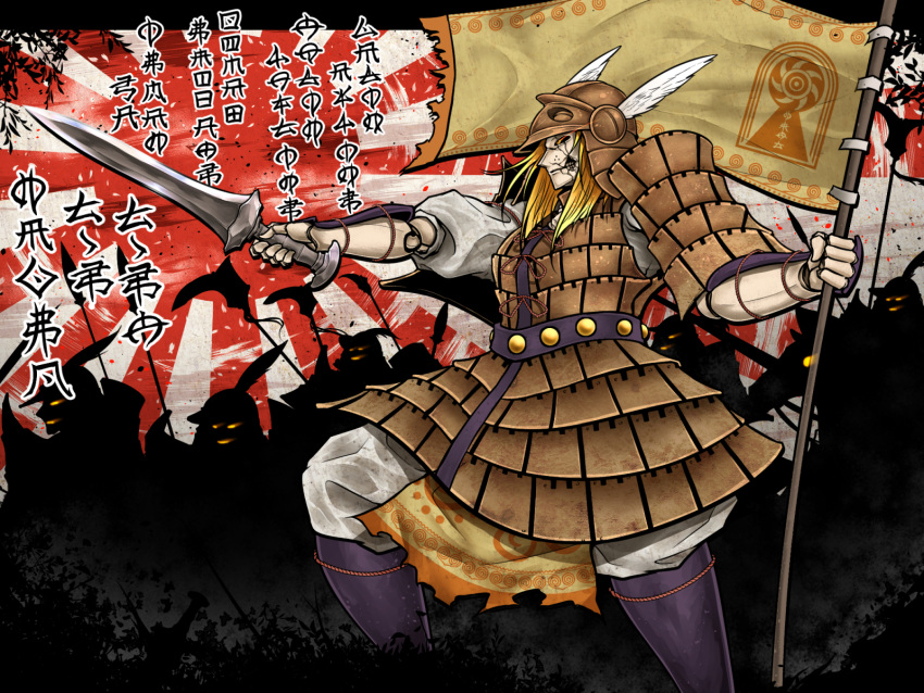 1girl, arm_guards, armor, armored_boots, armored_dress, army, banner, black_sclera