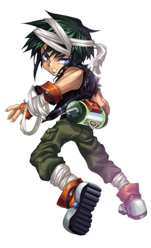 1boy, ass, back_view, bandaged_arm, bandaged_head, bandages, container, fingerless_gloves, green_hair, grey_eyes, jeans, looking_back, mini_fighter, official_art, parted_lips, raizin, serious, solo, teeth, vest