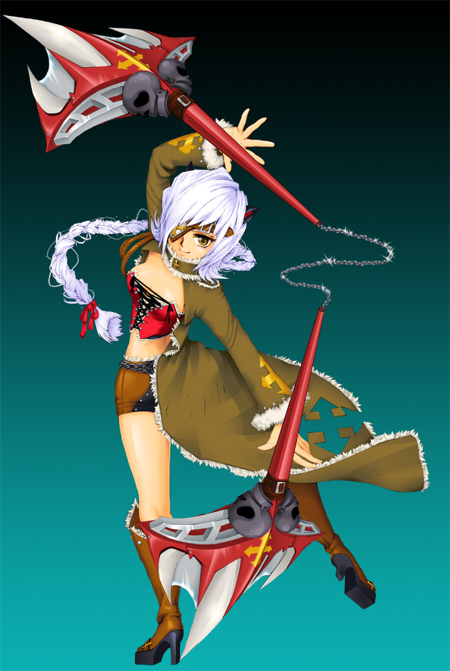 1girl, arm_up, blue_background, bonny_(mini_fighter), boots, braid, brown_eyes, brown_jacket