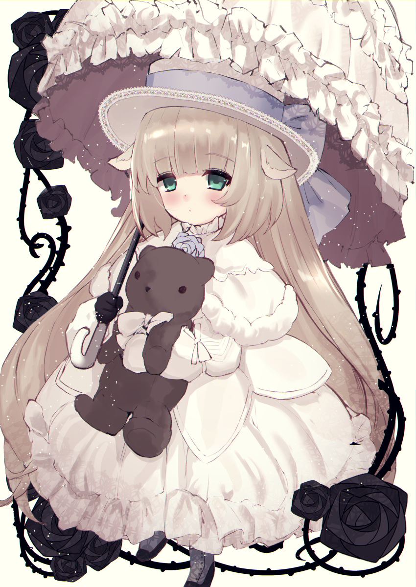 .live, 1girl, absurdres, animal_ears, black_flower, black_gloves, black_rose, blonde_hair