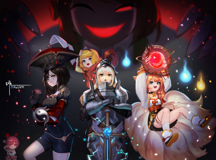 6+girls, ;d, absurdres, anger_vein, animal_ears, armor, blonde_hair, brown_hair