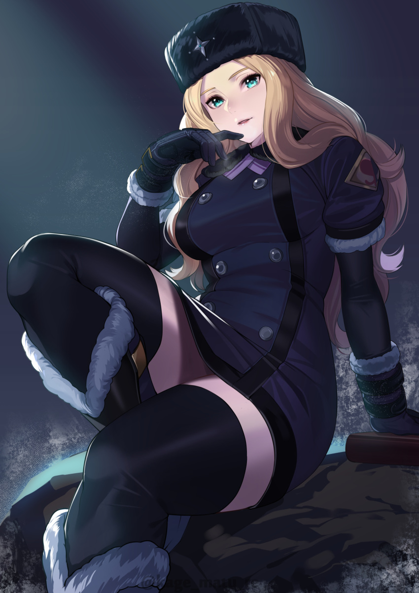1girl, absurdres, aqua_eyes, bangs, black_gloves, black_headwear, black_jacket, black_legwear