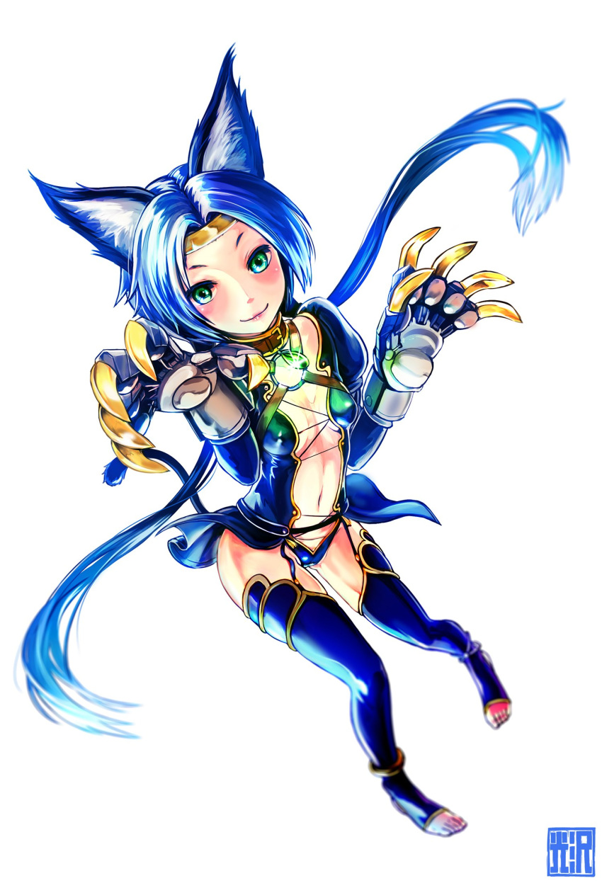 1girl, animal_ears, blue_hair, cat_ears, cat_tail, closed_mouth, commentary_request, gloves