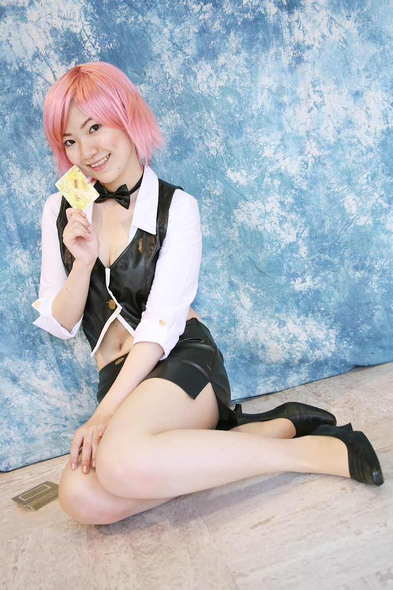 cosplay, dealer, leather, midriff, miniskirt, pachi-slot_sengen_rio_de_carnival, photo, pink_hair
