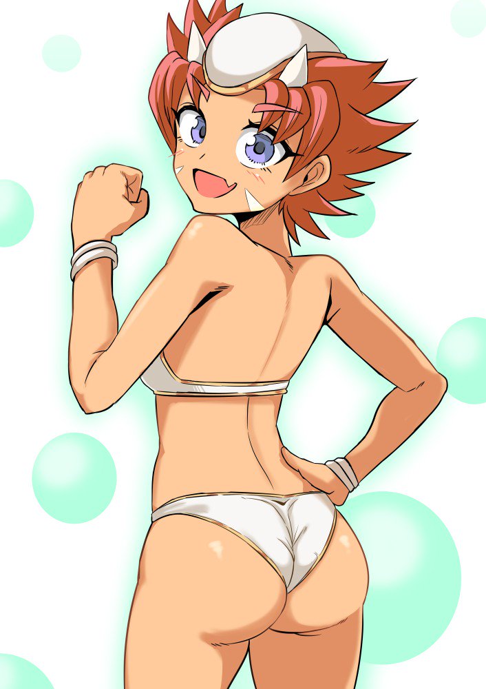 1girl, ass, blue_eyes, breasts, commentary_request, cougar1404, facial_mark, fang
