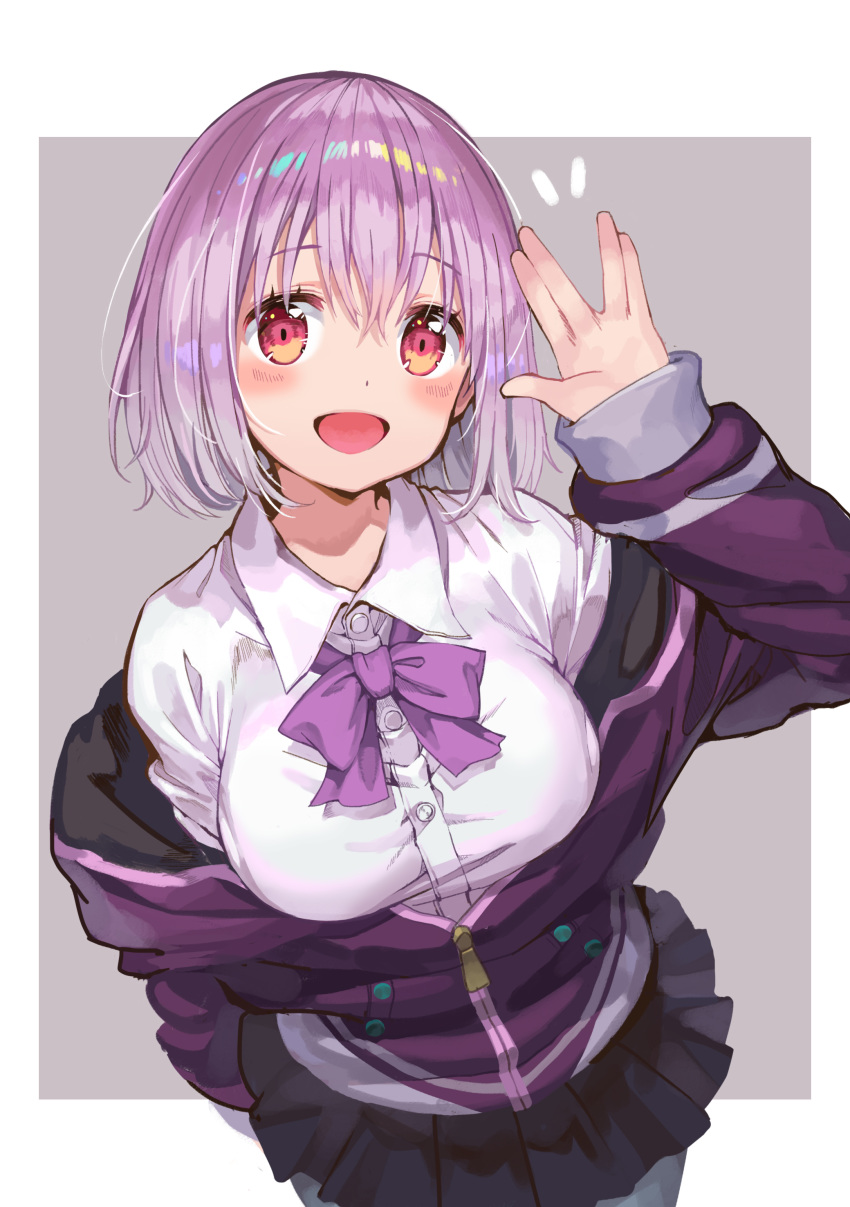 1girl, :d, absurdres, bangs, black_skirt, blush, bow, breasts