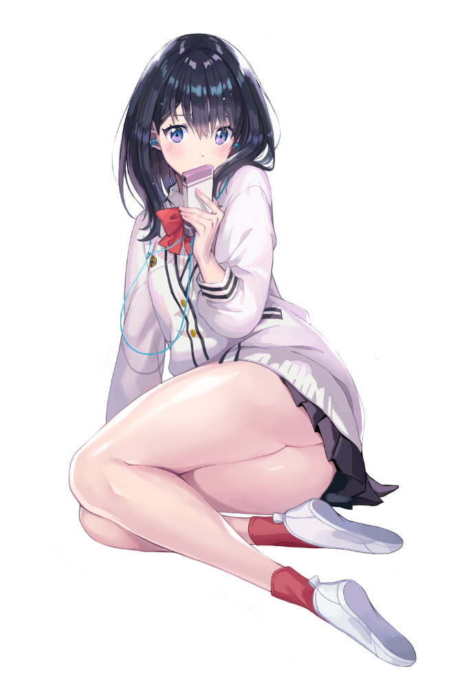 1girl, ass, bangs, bare_legs, black_hair, black_skirt, blue_eyes, blush