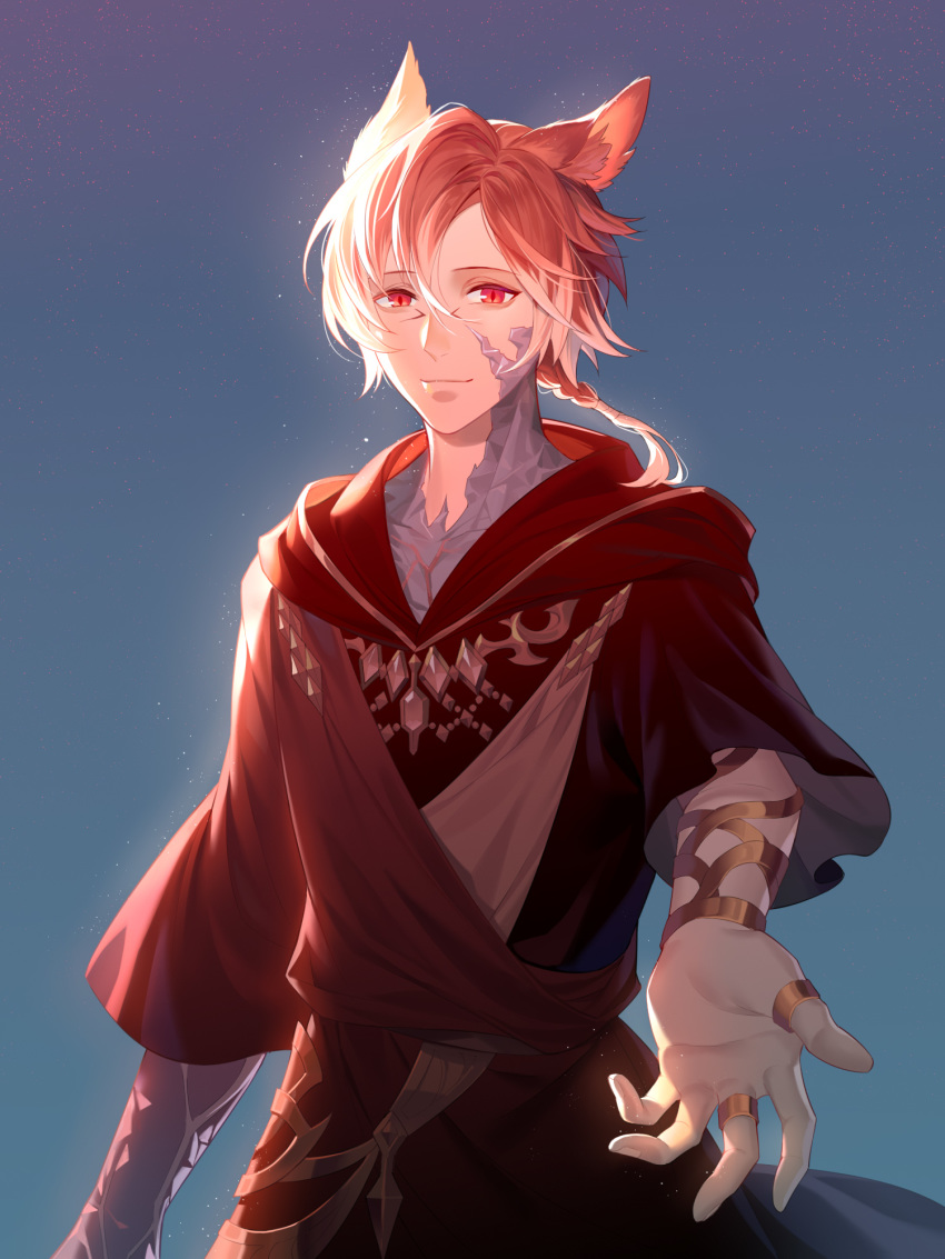 1boy, animal_ears, aquarius_(artist), bangs, blue_background, commentary_request, final_fantasy, final_fantasy_xiv