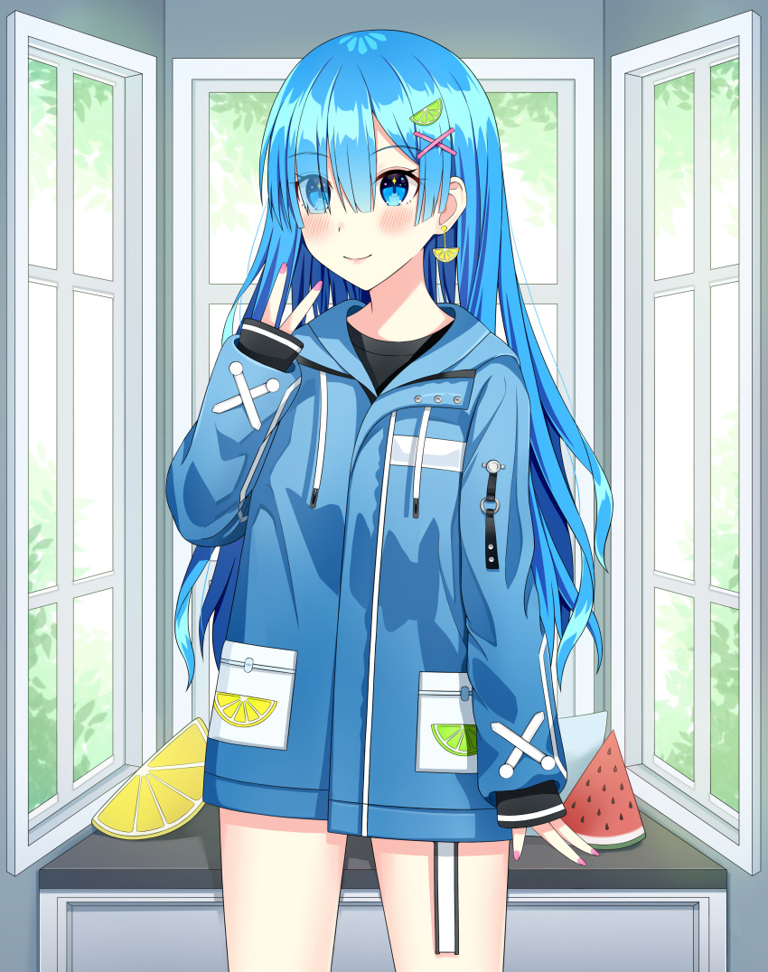 1girl, absurdres, alternate_hair_length, alternate_hairstyle, blue_eyes, blue_hair, blue_jacket, cowboy_shot