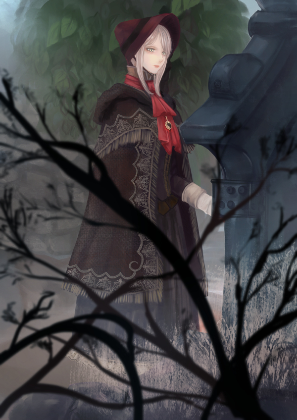 1girl, bangs, bloodborne, bonnet, cloak, doll, dress, hat