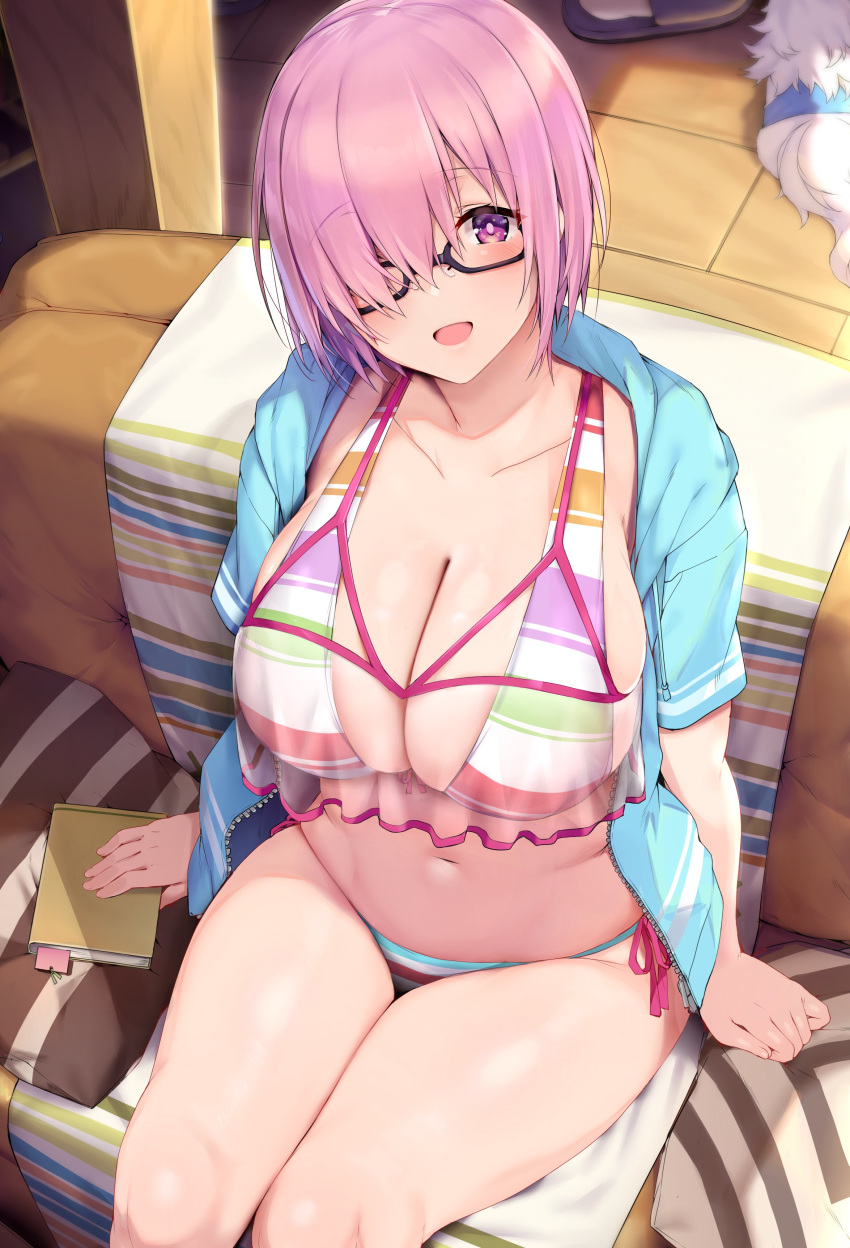 1girl, absurdres, bikini, blue_gk, blue_jacket, book, breasts, collarbone