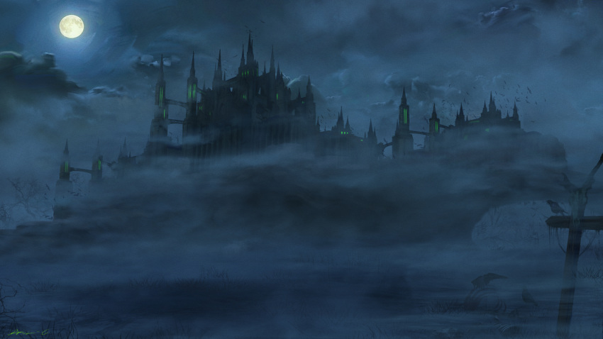 animal, bird, castle, clouds, cloudy_sky, commentary_request, cross, crow, fog, full_moon, grass, highres, hill, moon, moonlight, night, no_humans, original, outdoors, phil_c, scenery, signature, skeleton, sky, tower, water