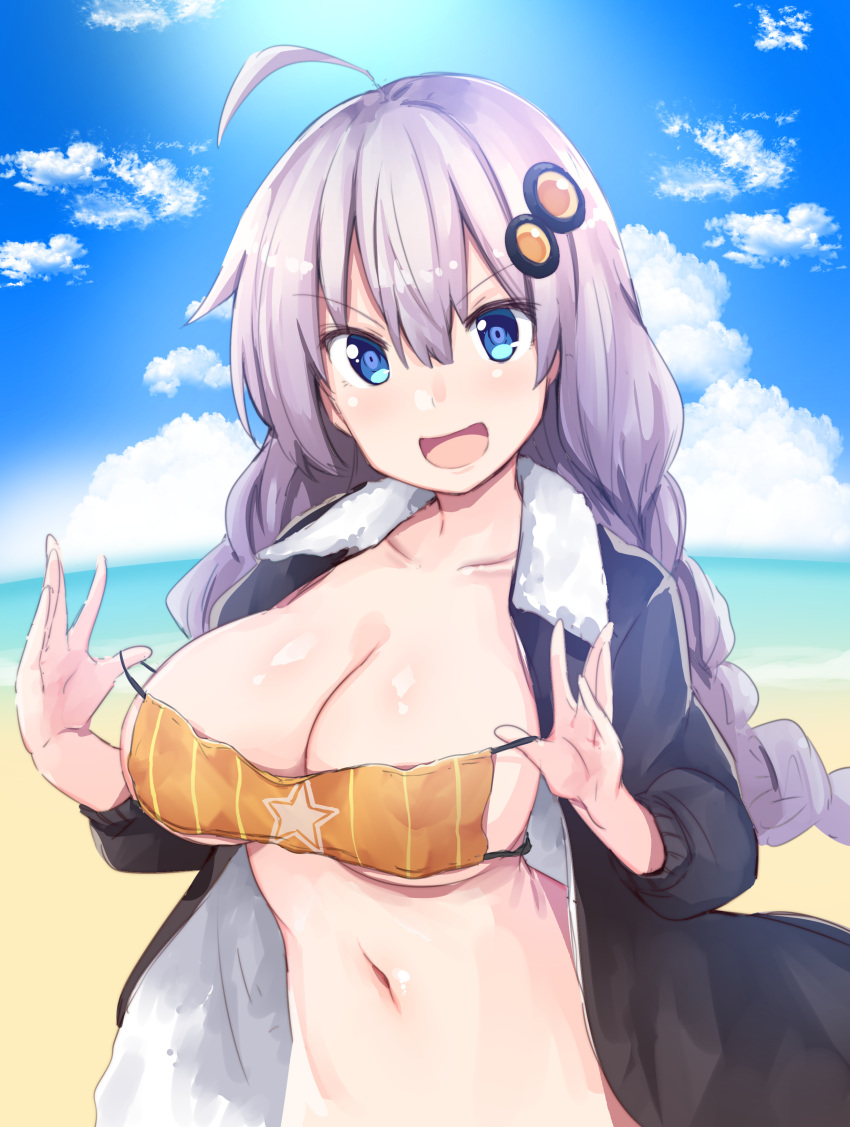 1girl, absurdres, ahoge, bangs, beach, bikini, bikini_under_clothes, black_jacket, blue_eyes, blush, braid, breasts, chipa_(arutana), collarbone, day, eyebrows_visible_through_hair, fur-trimmed_jacket, fur_trim, hair_between_eyes, hair_ornament, highres, jacket, kizuna_akari, large_breasts, long_hair, long_sleeves, looking_at_viewer, navel, ocean, orange_bikini, outdoors, print_bikini, silver_hair, solo, star_(symbol), star_print, stomach, strapless, strapless_bikini, striped, striped_bikini, swimsuit, twin_braids, upper_body, v-shaped_eyebrows, very_long_hair, vocaloid, voiceroid