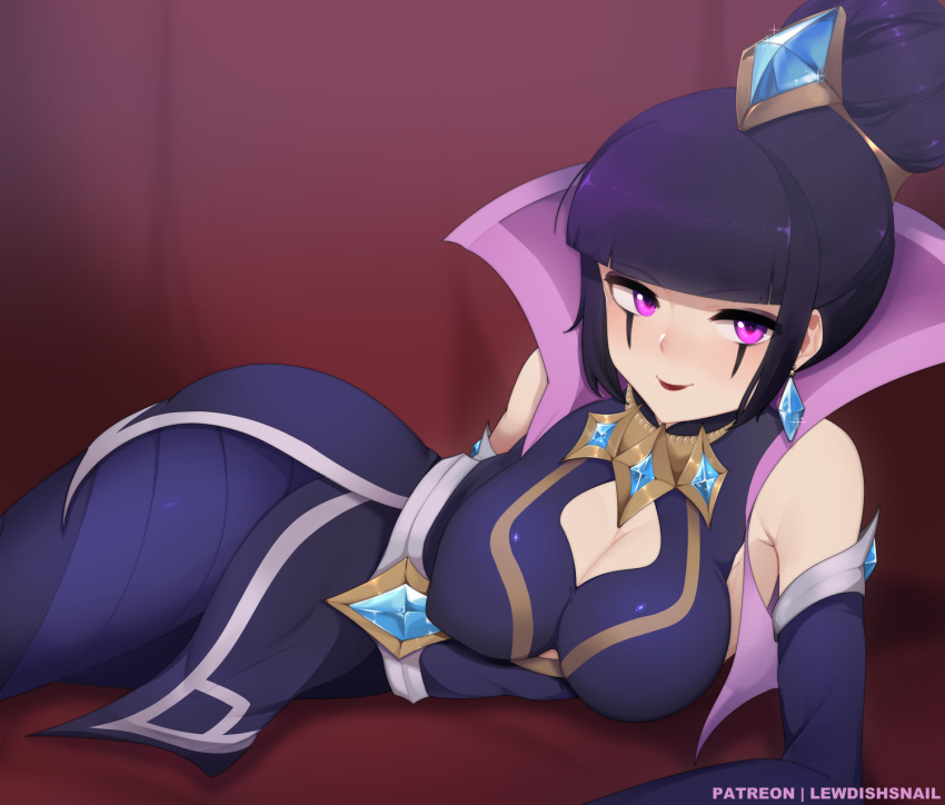 armpit_peek, blush, breasts, championship_leblanc, covered_nipples, highres, large_breasts, league_of_legends, leblanc_(league_of_legends), lewdishsnail, looking_at_viewer, lying, on_side, purple_hair, smirk, violet_eyes