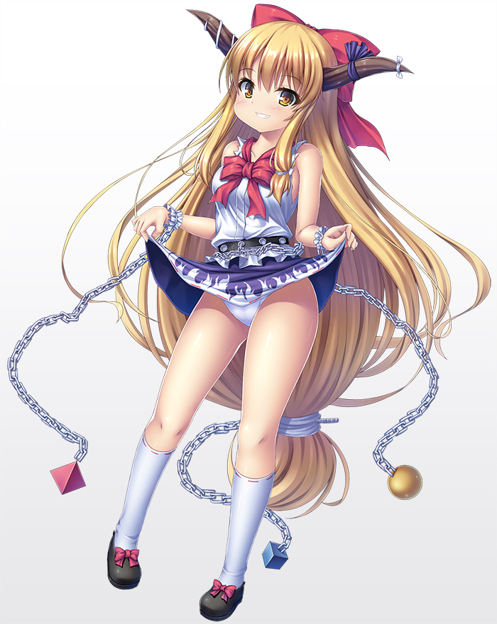 1girl, black_footwear, blonde_hair, blue_skirt, bow, brown_eyes, chain, cube