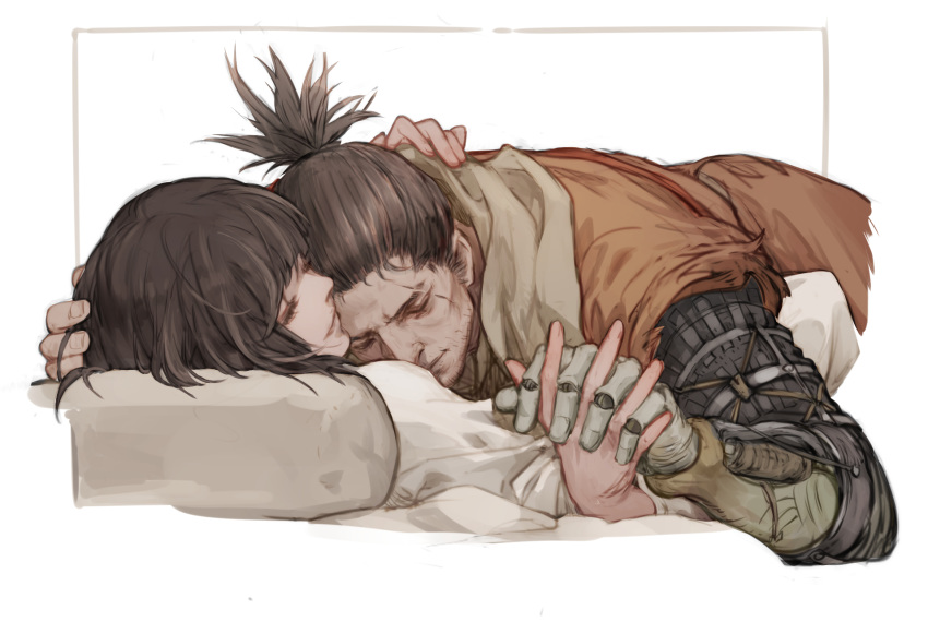 2boys, black_hair, border, boy_on_top, brown_scarf, closed_eyes, coat, commentary_request