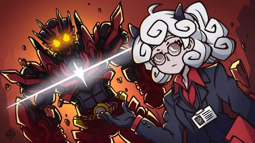 1boy, 1girl, armor, black_gloves, black_horns, black_suit, breasts, business_suit, compound_eyes, curly_hair, demon_girl, demon_horns, demon_tail, formal, glasses, gloves, hell_rising_hopper, helltaker, highres, holding, horns, kamen_rider, kamen_rider_01_(series), kamen_rider_zero-one, long_sleeves, looking_at_viewer, orange_eyes, pandemonica_(helltaker), progrise_key, red_armor, red_eyes, red_shirt, rider_belt, rising_hopper, shirt, short_hair, shoulder_armor, sogin, suit, tail, tokusatsu, triplets, vanripper_(style), white_hair