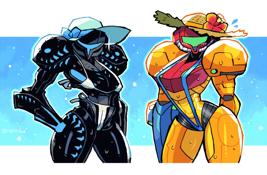 2girls, arm_behind_back, arm_cannon, armor, bikini, black_armor, black_helmet, blue-tinted_eyewear, blue_background, blue_bow, blue_ribbon, blue_swimsuit, blush, border, bow, covered_face, cropped_legs, dark_samus, flower, flying_sweatdrops, halftone, hand_on_hip, hat, hat_bow, hat_flower, hat_ribbon, helmet, hibiscus, highres, letterboxed, looking_at_viewer, metroid, multiple_girls, orange-tinted_eyewear, orange_armor, outline, power_armor, power_suit, rariatto_(ganguri), red_helmet, ribbon, samus_aran, shiny, shoulder_armor, side-tie_bikini, signature, slingshot_swimsuit, space_helmet, sparkle, standing, straw_hat, sun_hat, sweatdrop, swimsuit, thick_thighs, thighs, twitter_username, visor, weapon, wet, white_bikini, white_border