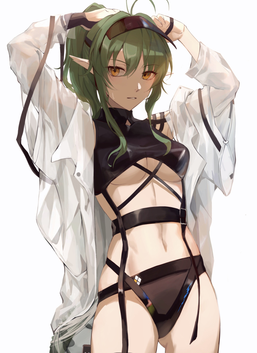 1girl, absurdres, antenna_hair, arknights, arms_up, ass_visible_through_thighs, bangs, breasts, chinese_commentary, commentary_request, cowboy_shot, eyebrows_visible_through_hair, gavial_(arknights), green_hair, hair_between_eyes, highres, long_hair, long_sleeves, looking_at_viewer, medium_breasts, navel, open_clothes, parted_lips, pointy_ears, shusuzu, simple_background, solo, standing, stomach, visor_cap, white_background, yellow_eyes